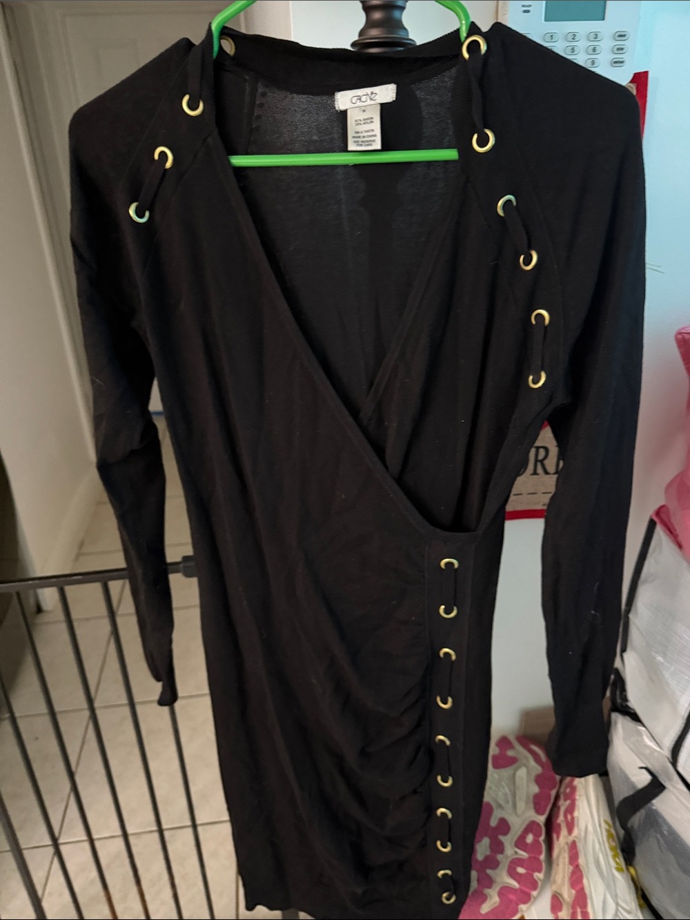 Cache Black Long Sleeve Wrap Dress with Gold Grommet Detail